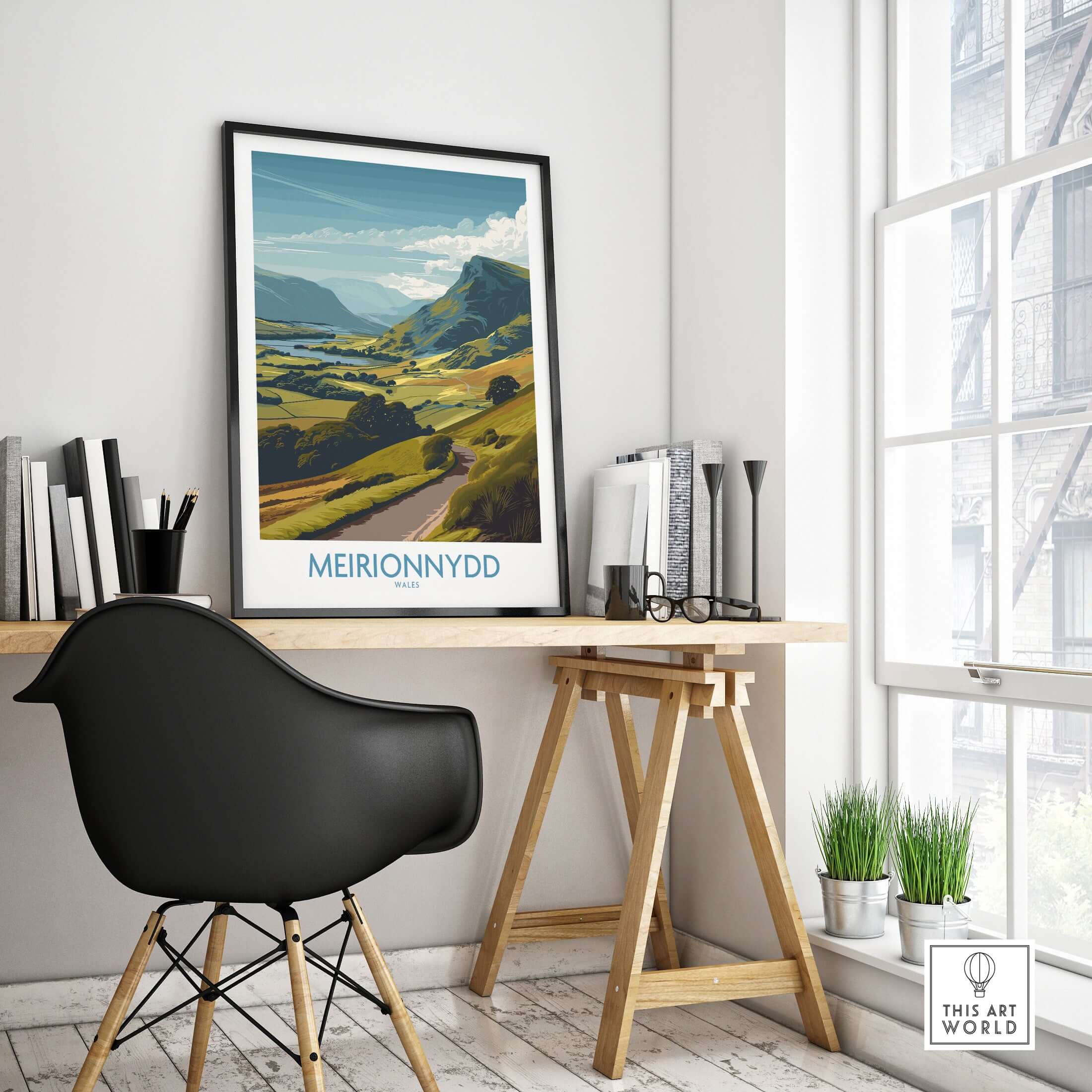 Meirionnydd Valley Print - Welsh Countryside Decor displayed in a stylish home office with modern decor.