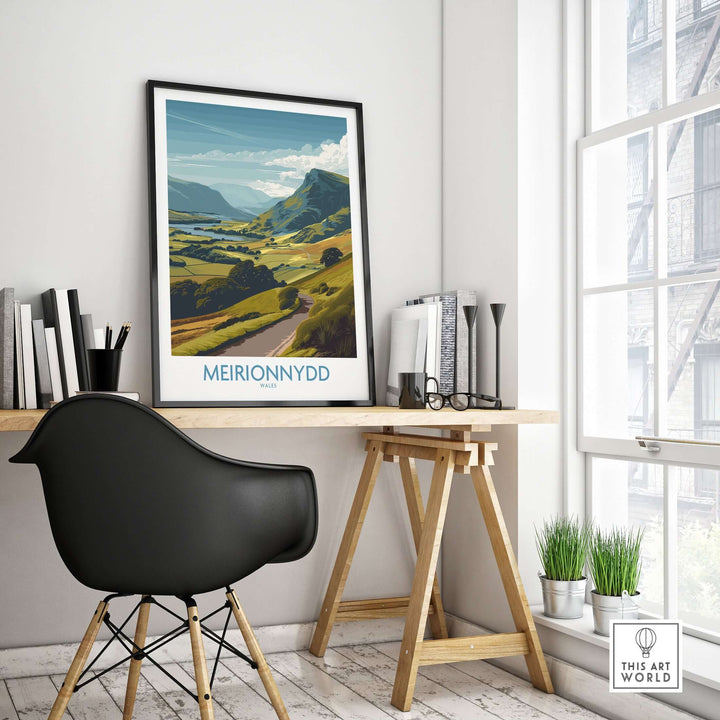 Framed Meirionnydd Valley print showcasing the serene Welsh countryside decor in a modern home office setting.