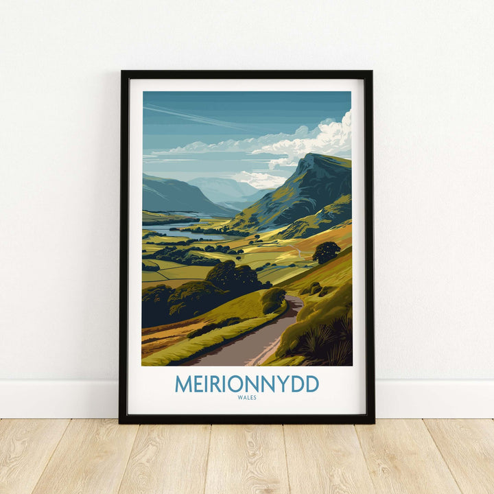 Meirionnydd Valley Print showcasing the stunning Welsh countryside with vibrant landscapes and serene skies.