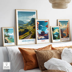 Meirionnydd Valley Print - Welsh Countryside Decor displayed with other travel-themed artwork