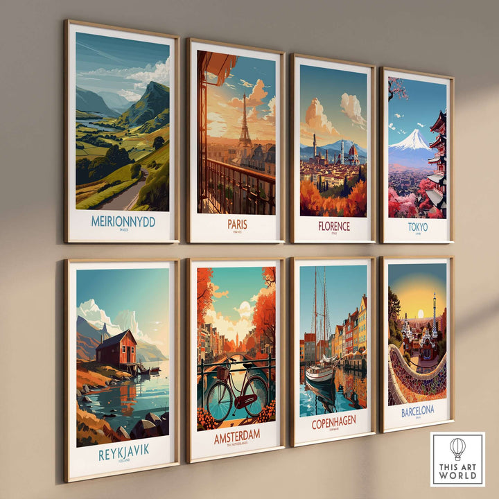 Collection of travel prints including Meirionnydd, Paris, and Tokyo, showcasing scenic landscapes and iconic cityscapes.