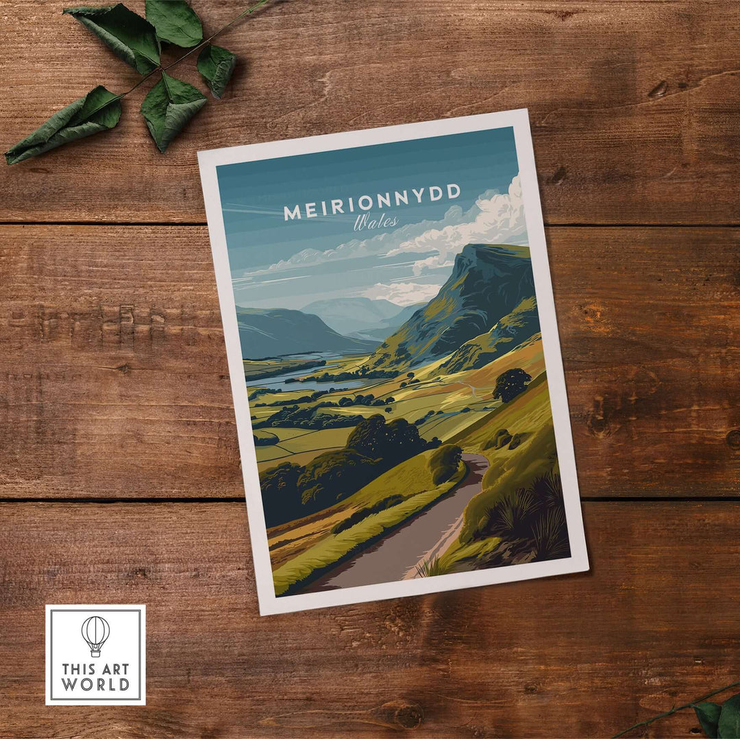 Meirionnydd Wales mountain landscape poster showcasing scenic views and vibrant green hills.