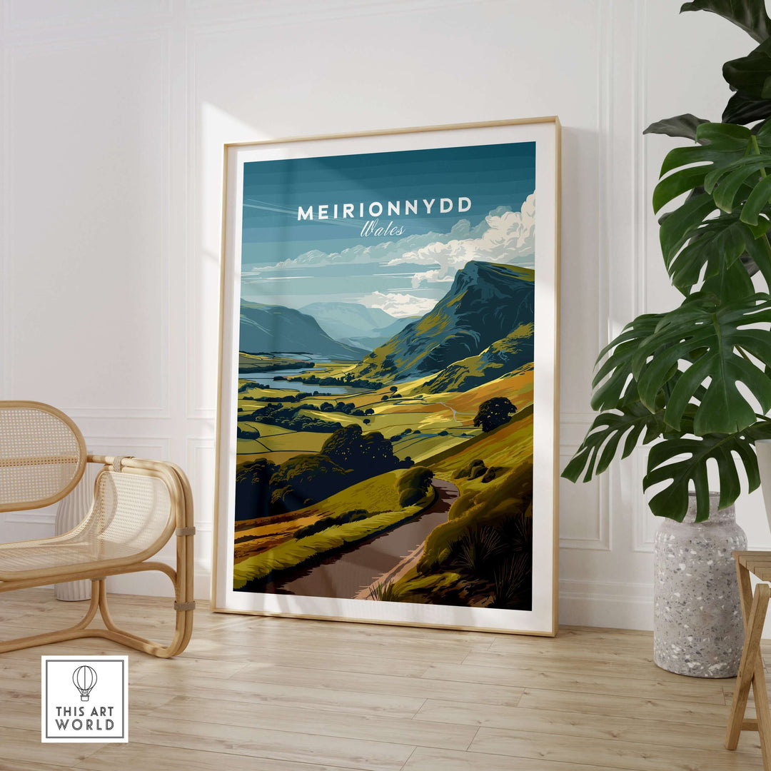 Meirionnydd Wales mountain landscape poster displayed in a stylish home setting, showcasing scenic travel art.