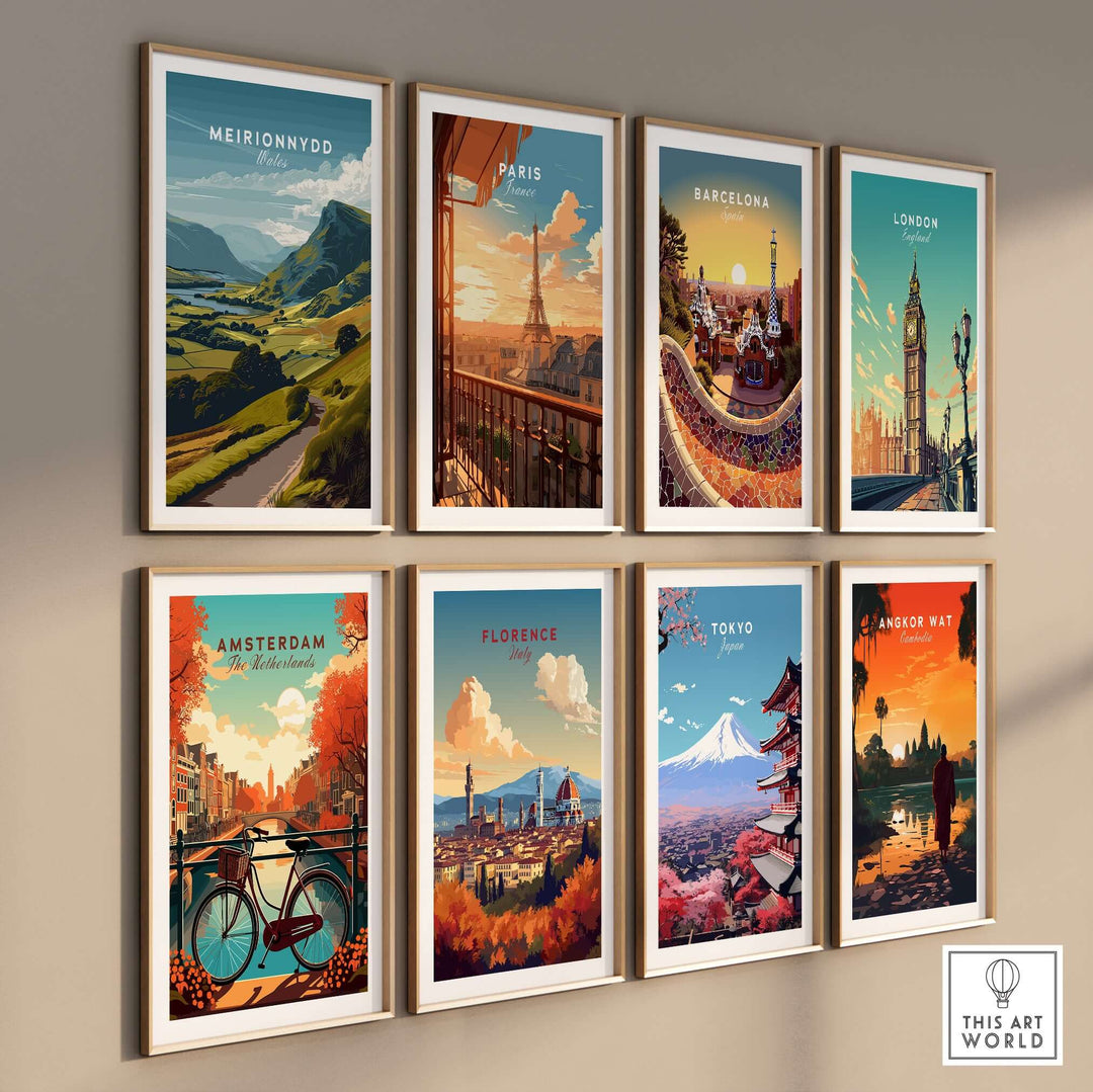 Collection of travel art posters featuring scenic landscapes from Meirionnydd, Paris, Barcelona, London, and more.