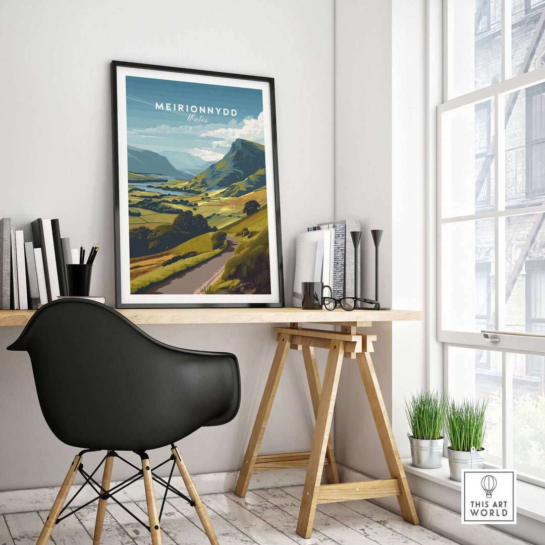 Meirionnydd Wales Mountain Landscape Poster displayed in a bright home office setting, showcasing scenic travel art.