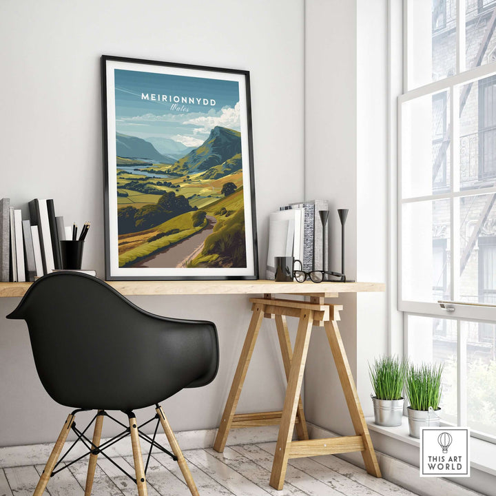 Meirionnydd Wales Mountain Landscape Poster displayed in a bright home office setting, showcasing scenic travel art.