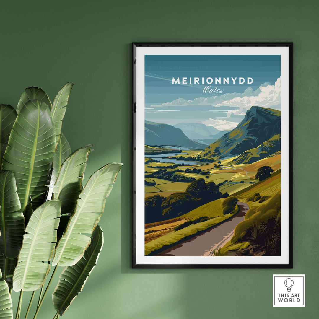 Meirionnydd Wales mountain landscape poster showcasing scenic views and vibrant colors, ideal for home decor.