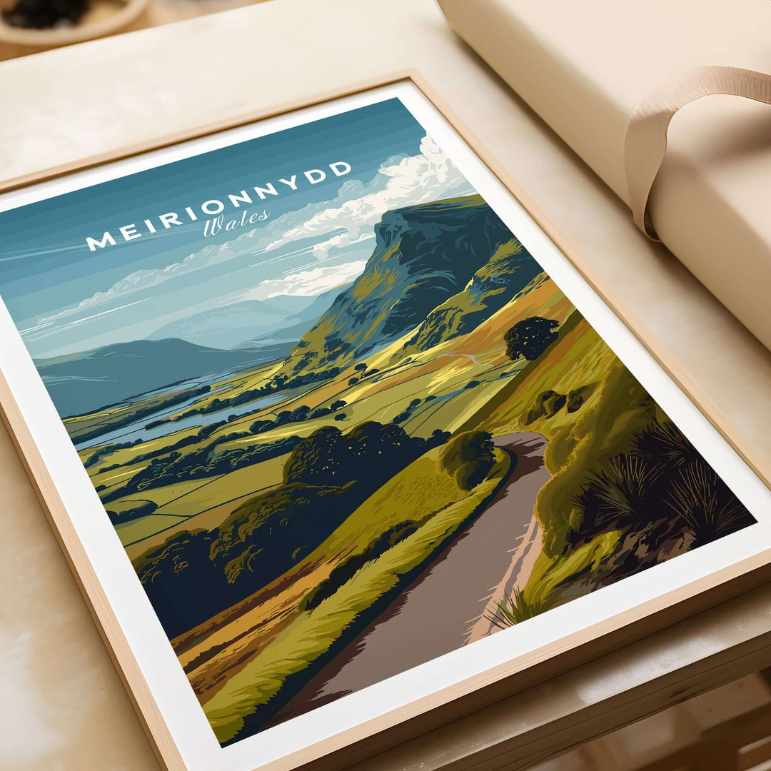 Meirionnydd Wales mountain landscape poster with scenic views and vibrant colors, perfect for travel art decor.