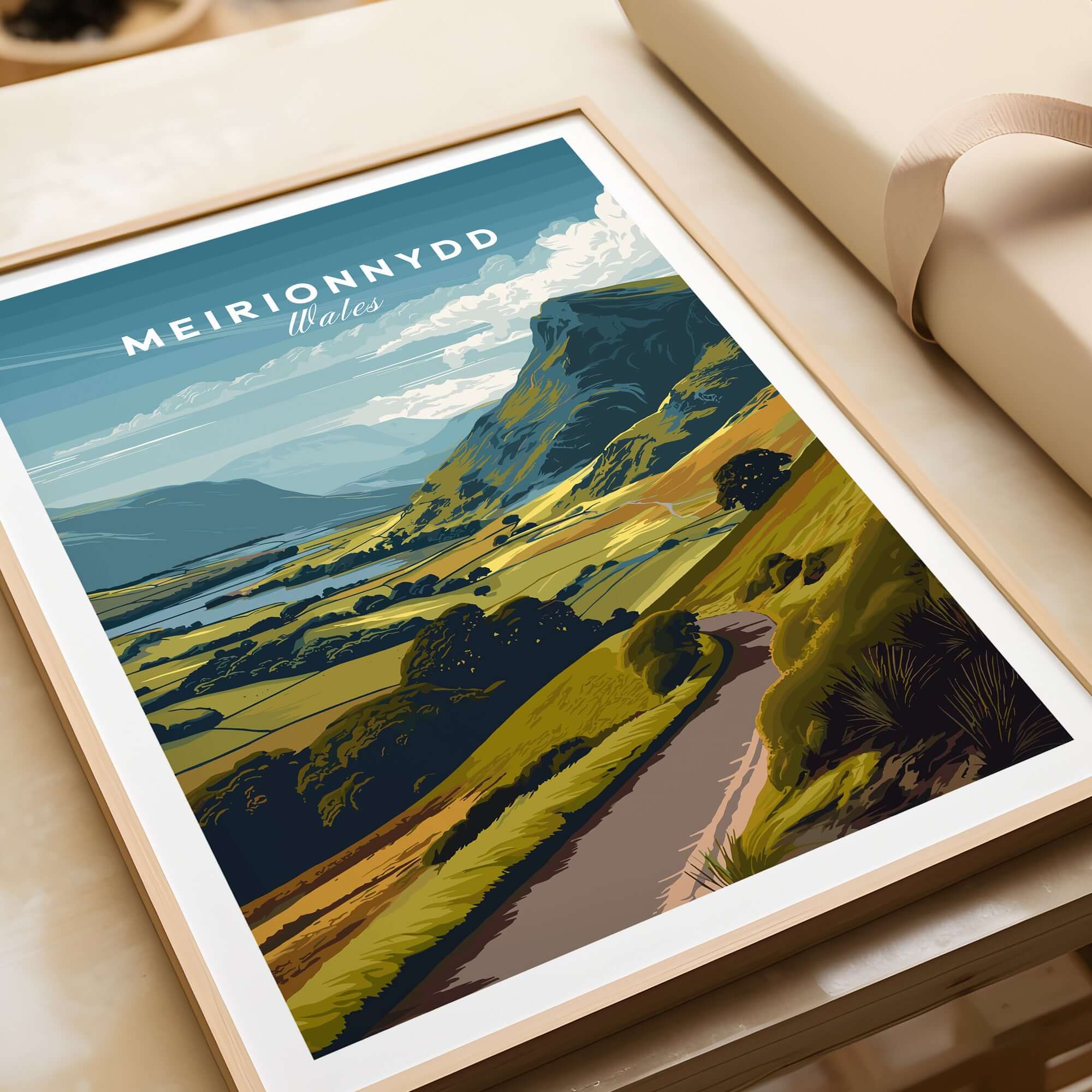 Meirionnydd Wales Mountain Landscape Poster - Scenic Travel Art showcasing stunning mountain scenery.