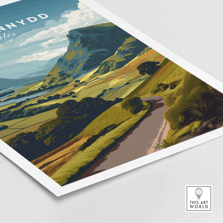 Meirionnydd Wales Mountain Landscape poster showcasing scenic views and vibrant countryside.