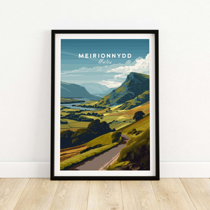 Meirionnydd Wales mountain landscape poster featuring scenic greenery and hills, perfect for travel art decor.
