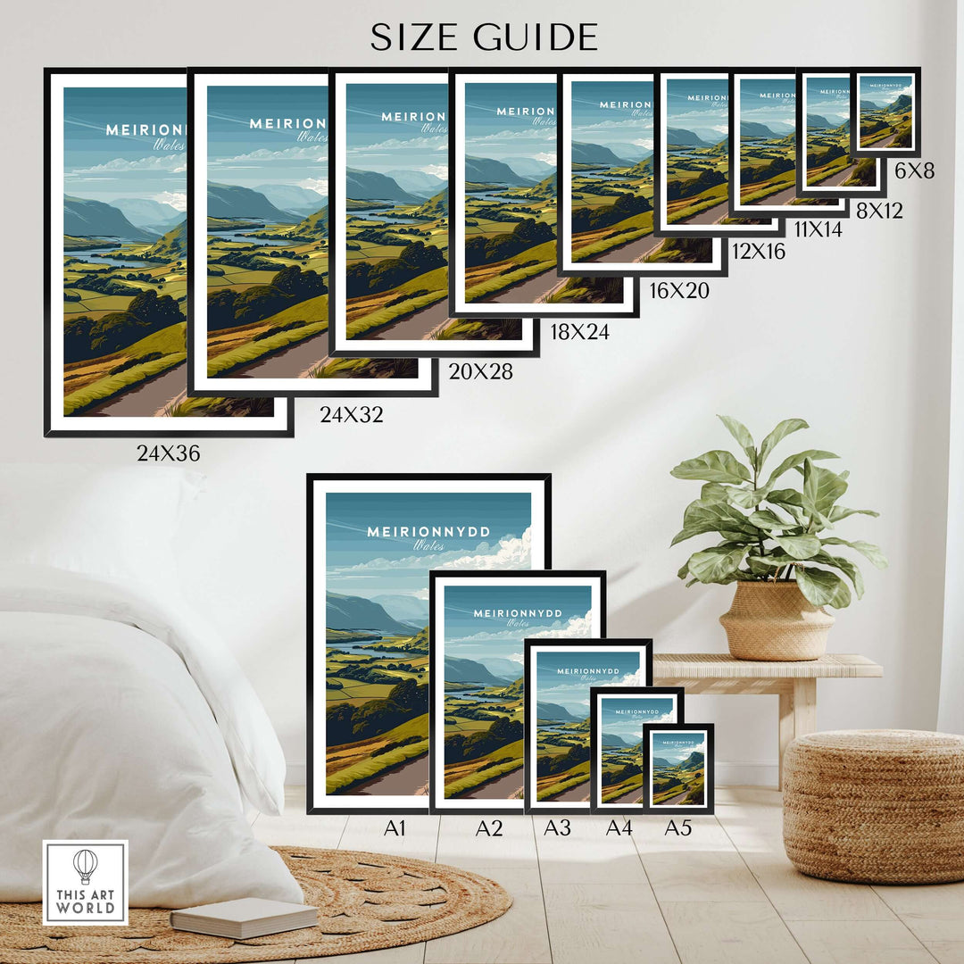 Size guide for Meirionnydd Wales Mountain Landscape Posters showing various frame sizes in a cozy interior setting.