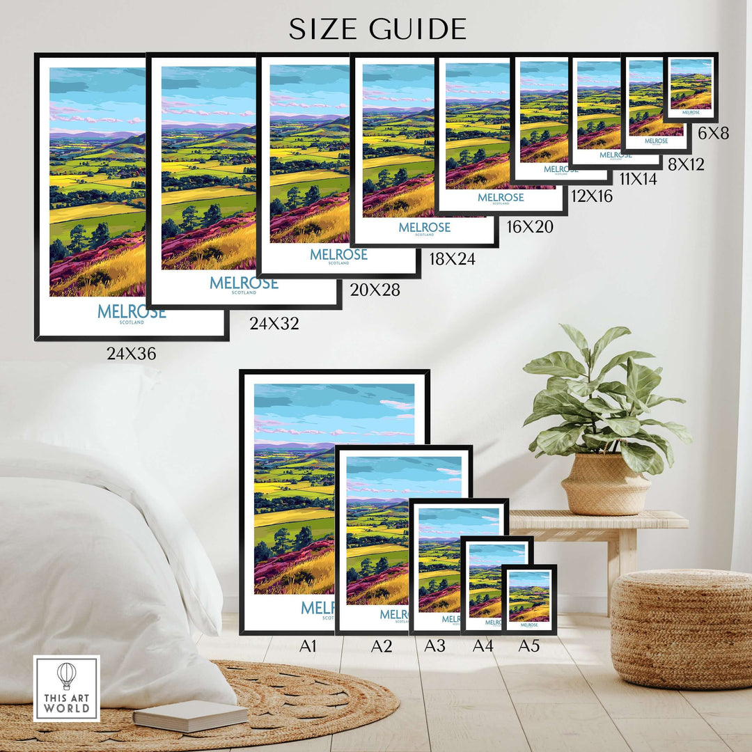 Size guide for Melrose Scotland Eildon Hills travel print poster in various dimensions on a stylish living room wall.