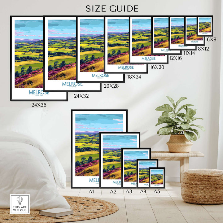 Size guide for Melrose Scotland Eildon Hills travel print poster in various dimensions on a stylish living room wall.