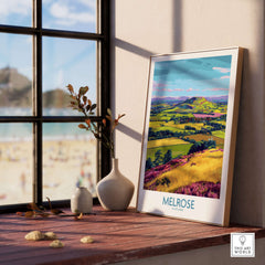 Melrose Scotland Eildon Hills Travel Print Scottish Borders Poster Landscape Wall Art displayed in a stylish interior.