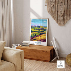 Melrose Scotland Eildon Hills Travel Print Scottish Borders Poster Landscape Wall Art displayed in a cozy interior.