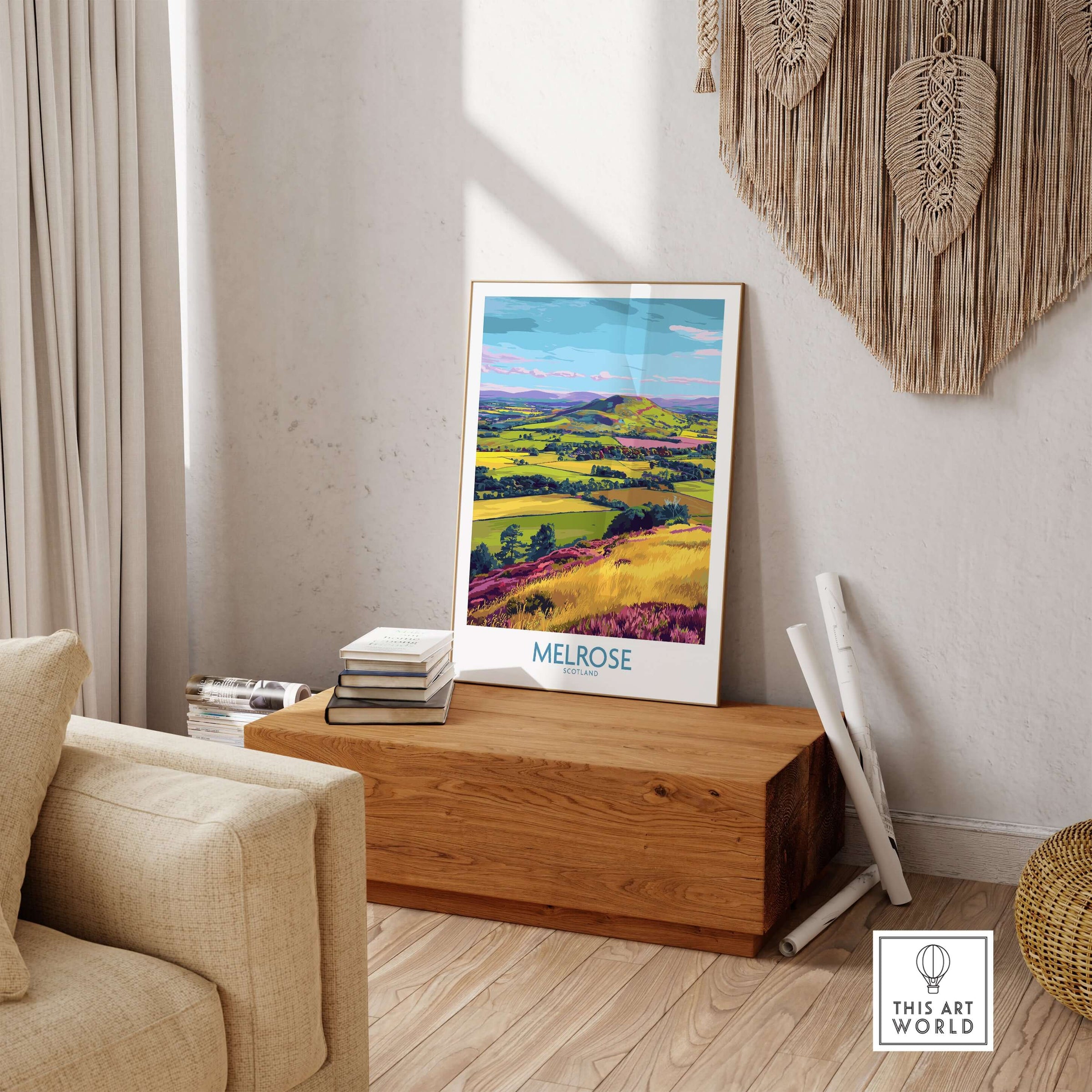 Melrose Scotland Eildon Hills Travel Print Scottish Borders Poster Landscape Wall Art displayed in a cozy interior.