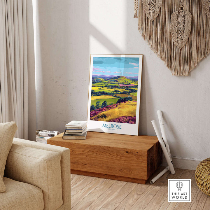 Melrose Scotland Eildon Hills travel print, vibrant landscape art in cozy home setting.