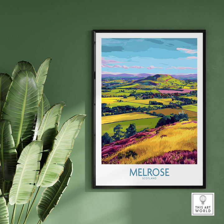 Melrose Scotland Eildon Hills travel print poster showcasing vibrant rolling hills and patchwork fields in landscape wall art.
