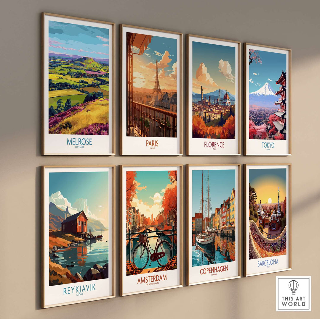 Collection of vibrant travel prints featuring iconic cities like Melrose, Paris, Florence, and Tokyo in colorful frames.