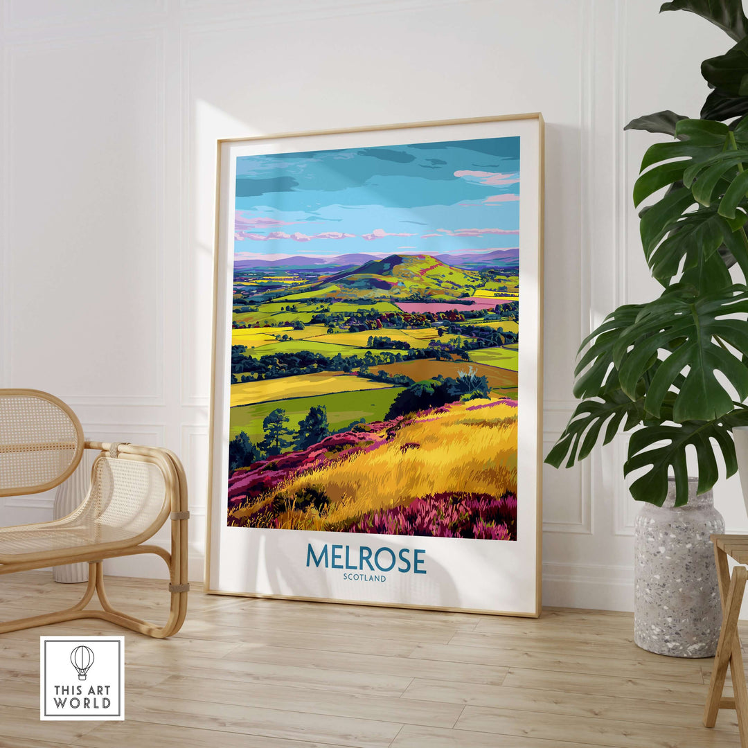 Melrose Scotland Eildon Hills travel print in a modern interior showcasing vibrant landscape wall art.