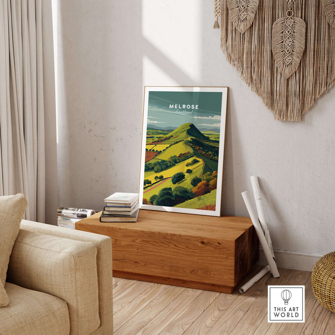 Melrose Scotland Eildon Hills travel print poster displayed in a cozy interior setting, showcasing Scottish landscape art.