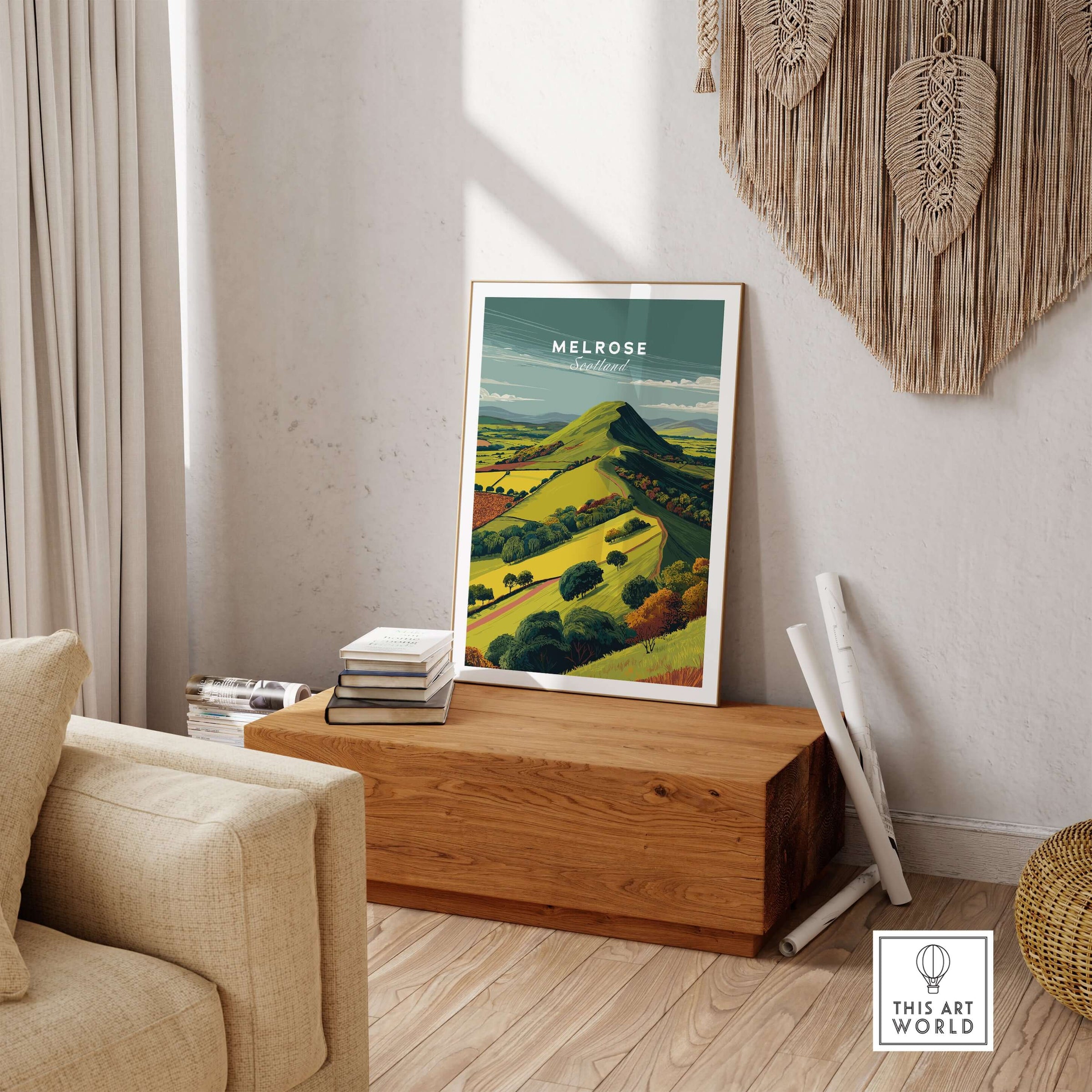 Melrose Scotland Eildon Hills Travel Print Poster Scottish Landscape Wall Art displayed in a cozy interior setting.