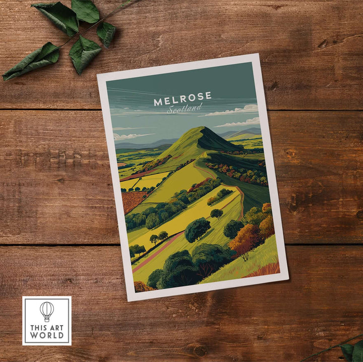 Melrose Scotland Eildon Hills travel print poster showcasing lush green landscapes and rolling hills in vibrant colors.