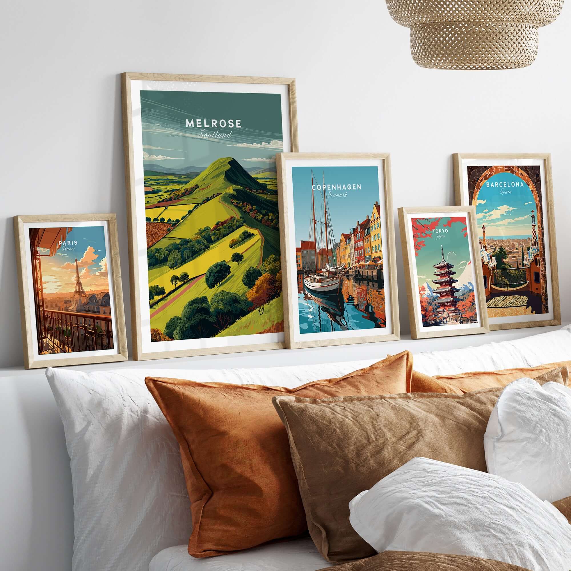 Melrose Scotland Eildon Hills Travel Print Poster Scottish Landscape Wall Art displayed in a stylish home decor setting.