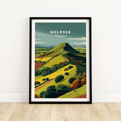 Melrose Scotland Eildon Hills Travel Print Poster Scottish Landscape Wall Art showcasing scenic beauty of Eildon Hill.