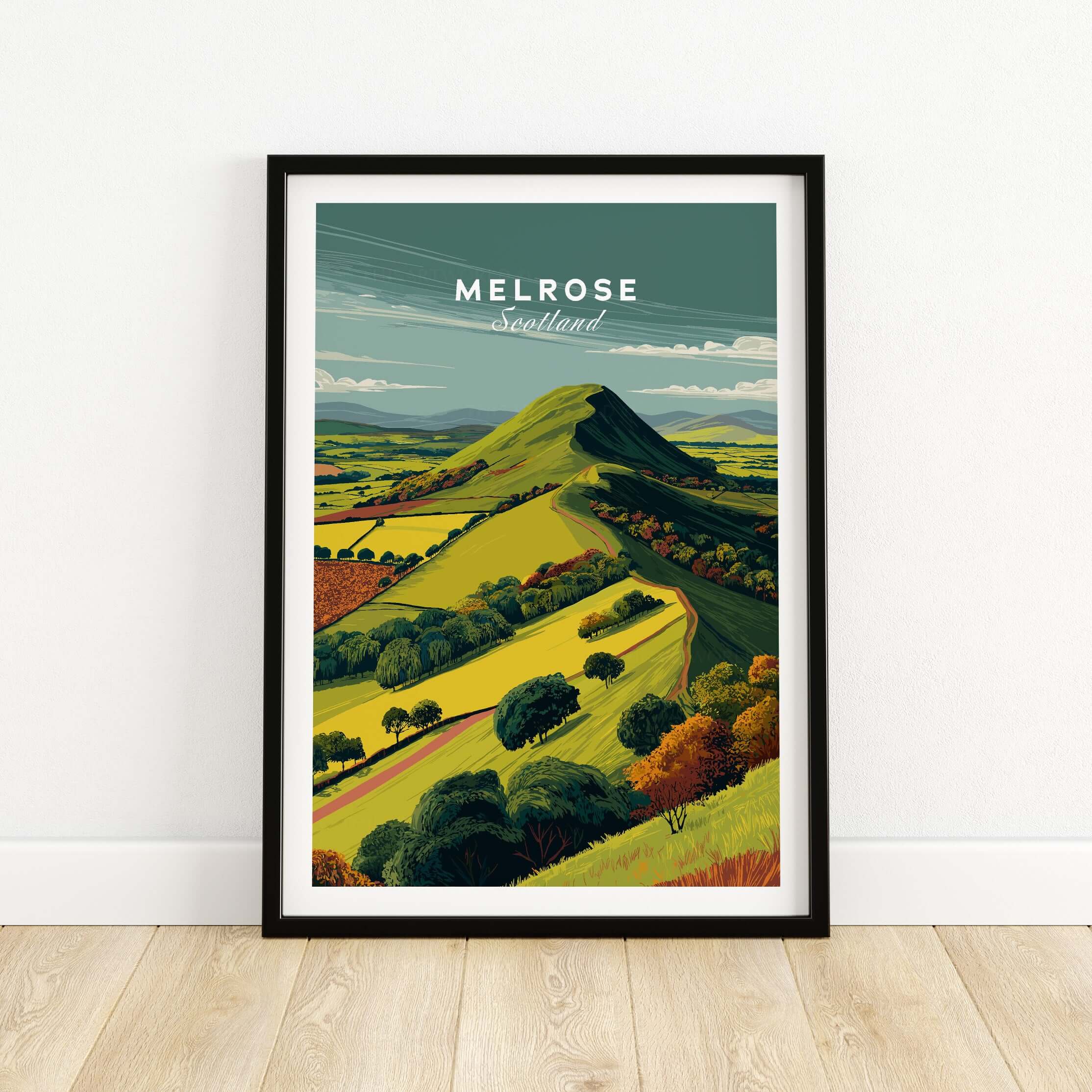 Melrose Scotland Eildon Hills Travel Print Poster Scottish Landscape Wall Art showcasing scenic beauty of Eildon Hill.