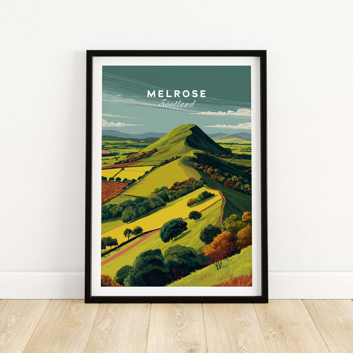 Melrose Scotland Eildon Hills travel poster featuring vibrant landscape and hills in decorative frame.
