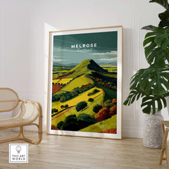 Melrose Scotland Eildon Hills Travel Print Poster Scottish Landscape Wall Art framed in modern decor with scenic hills.