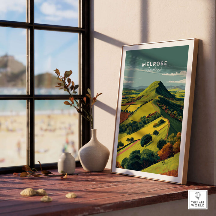 Melrose Scotland Eildon Hills travel print poster showcasing rolling landscapes and vibrant colors, ideal for wall art.