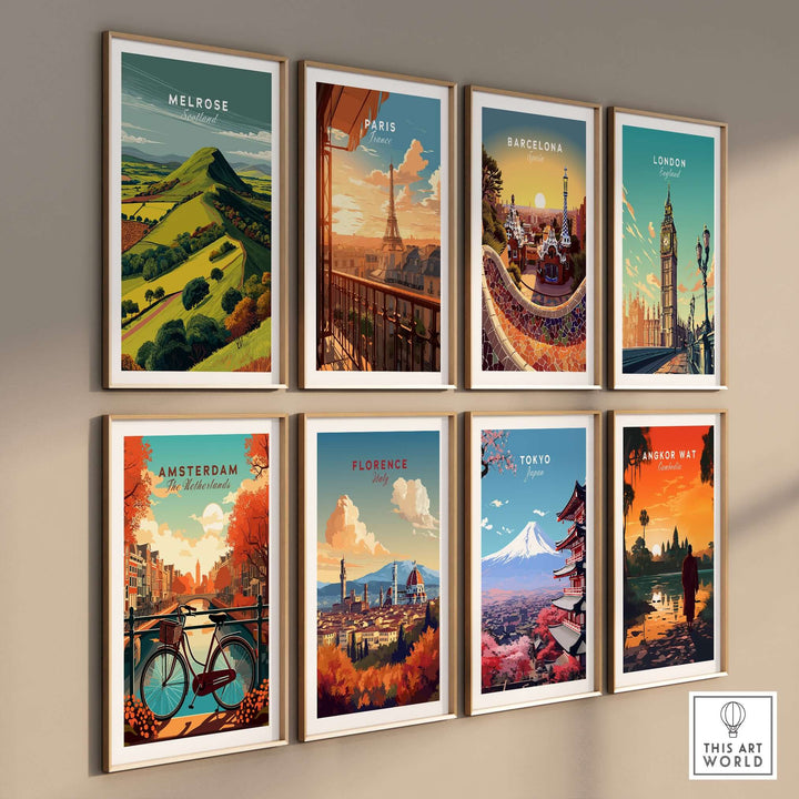 Colorful travel print posters featuring landscapes from Melrose, Paris, Barcelona, London, Amsterdam, Florence, Tokyo, and Angkor Wat.