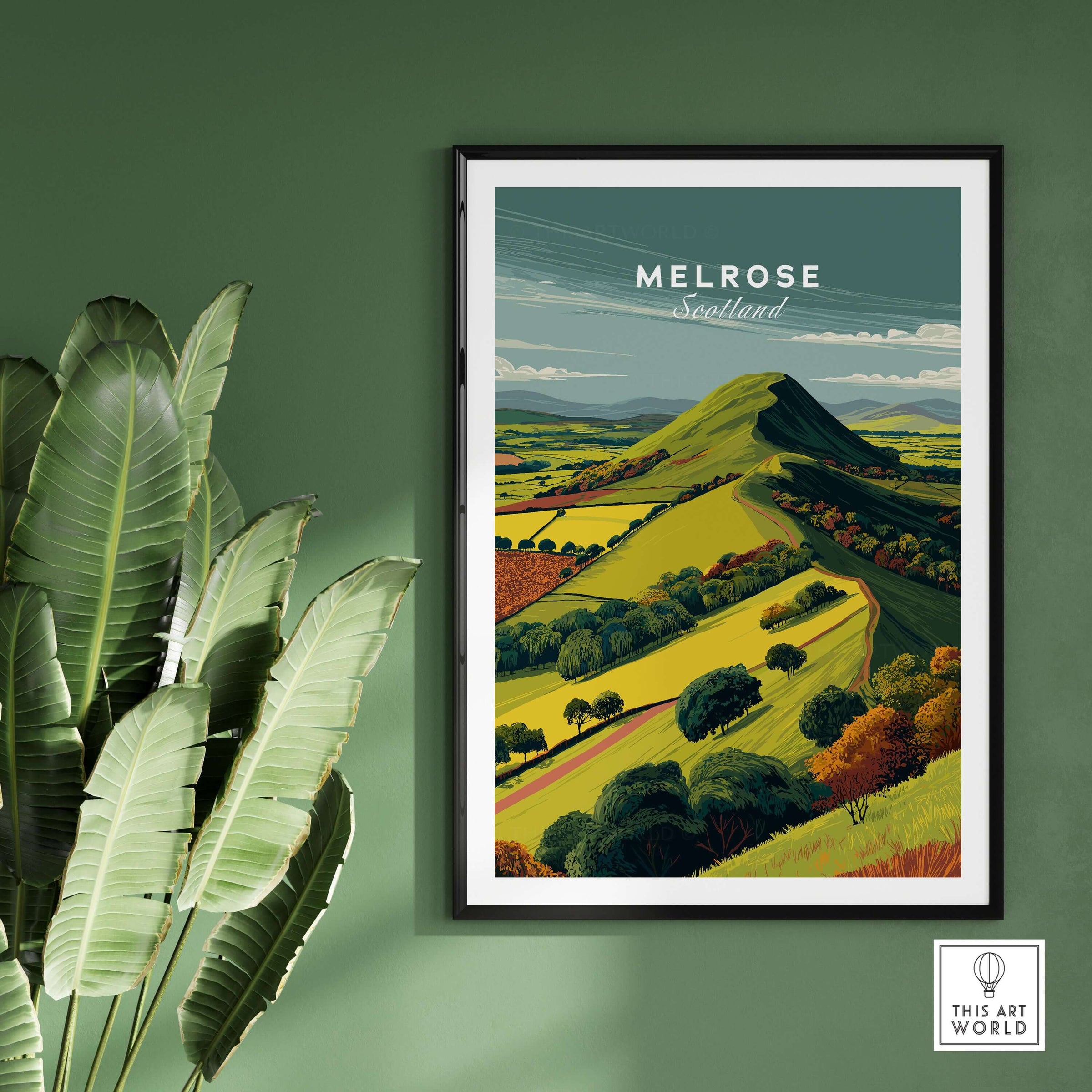 Melrose Scotland Eildon Hills Travel Print Poster Scottish Landscape Wall Art featuring rolling hills and vibrant fields.