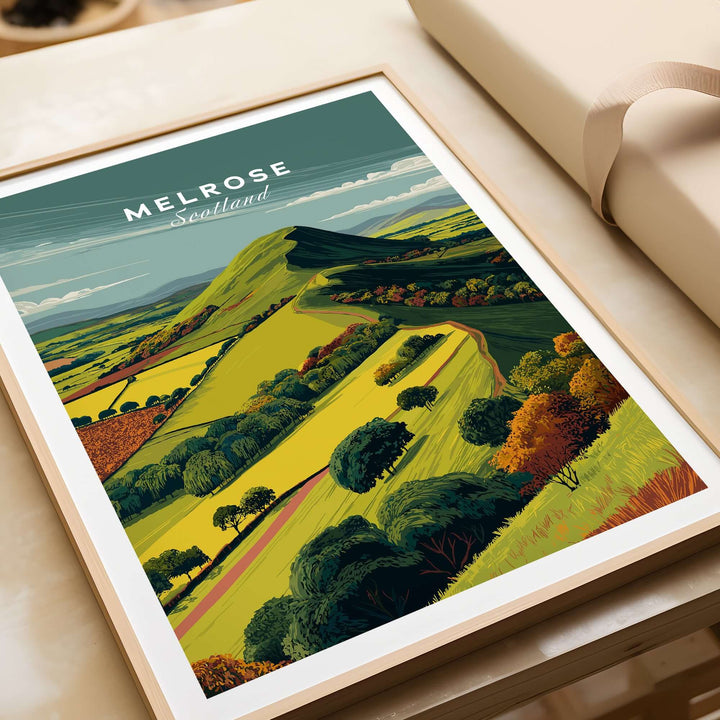 Melrose Scotland Eildon Hills travel print poster showcasing vibrant green landscapes and rolling hills.