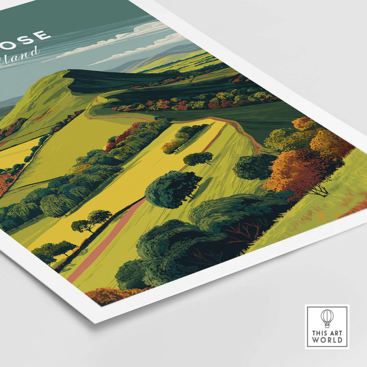 Melrose Scotland Eildon Hills travel print showcasing vibrant Scottish landscape and rolling hills in art style.