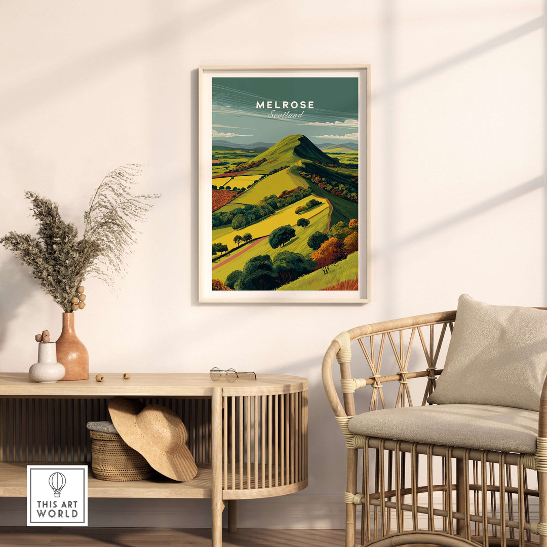 Melrose Scotland Eildon Hills travel print poster in a stylish interior setting, showcasing Scottish landscape art.