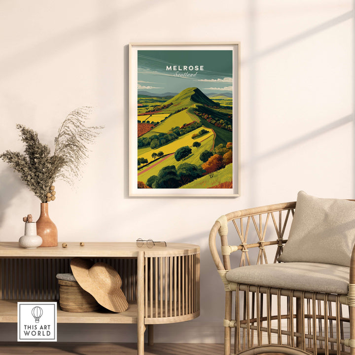 Melrose Scotland Eildon Hills travel print poster in a stylish interior setting, showcasing Scottish landscape art.