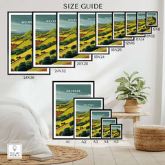 Melrose Scotland Eildon Hills Travel Print Poster Scottish Landscape Wall Art size guide showcasing various frame sizes.
