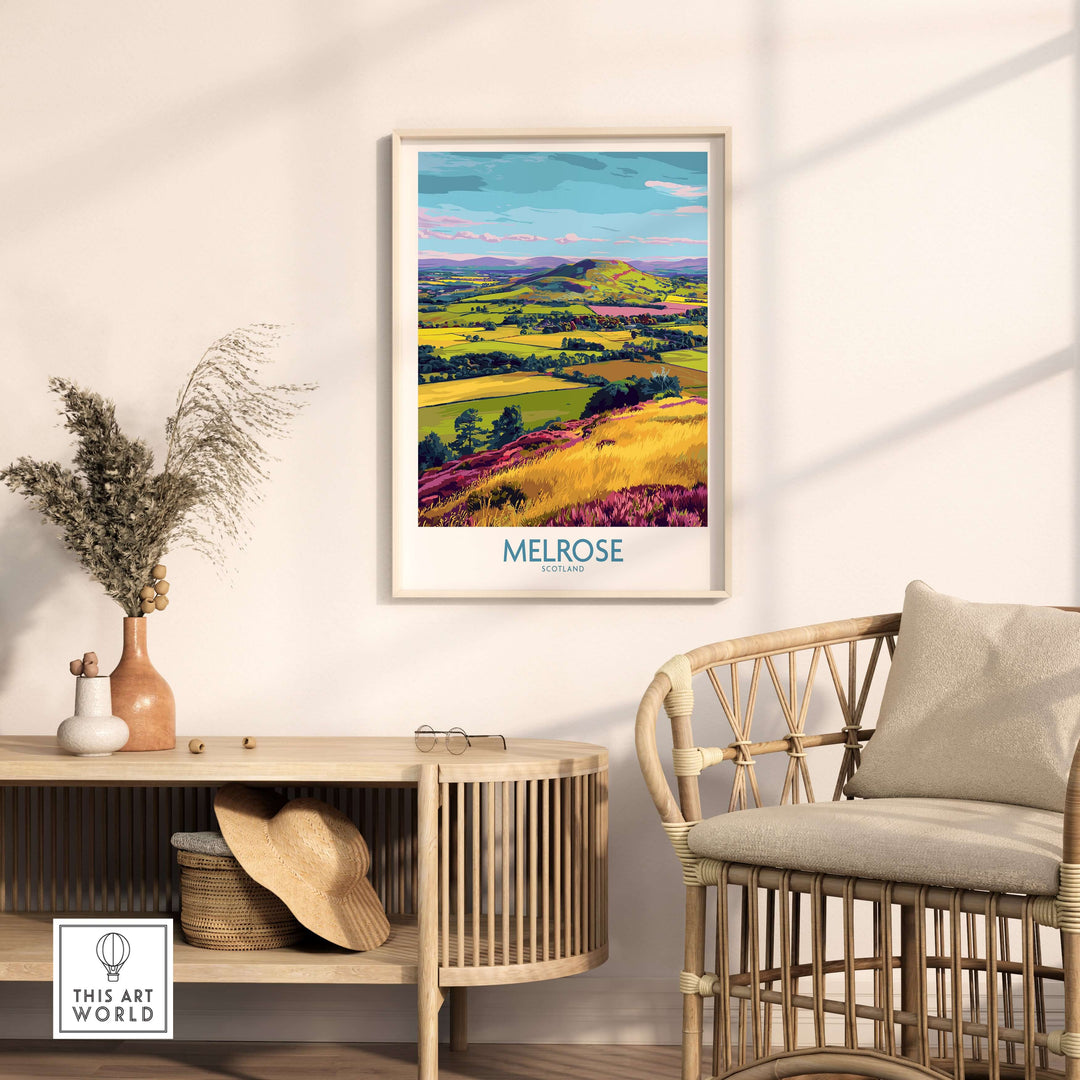 Colorful Melrose Scotland Eildon Hills landscape art print in modern interior setting with wicker chair.