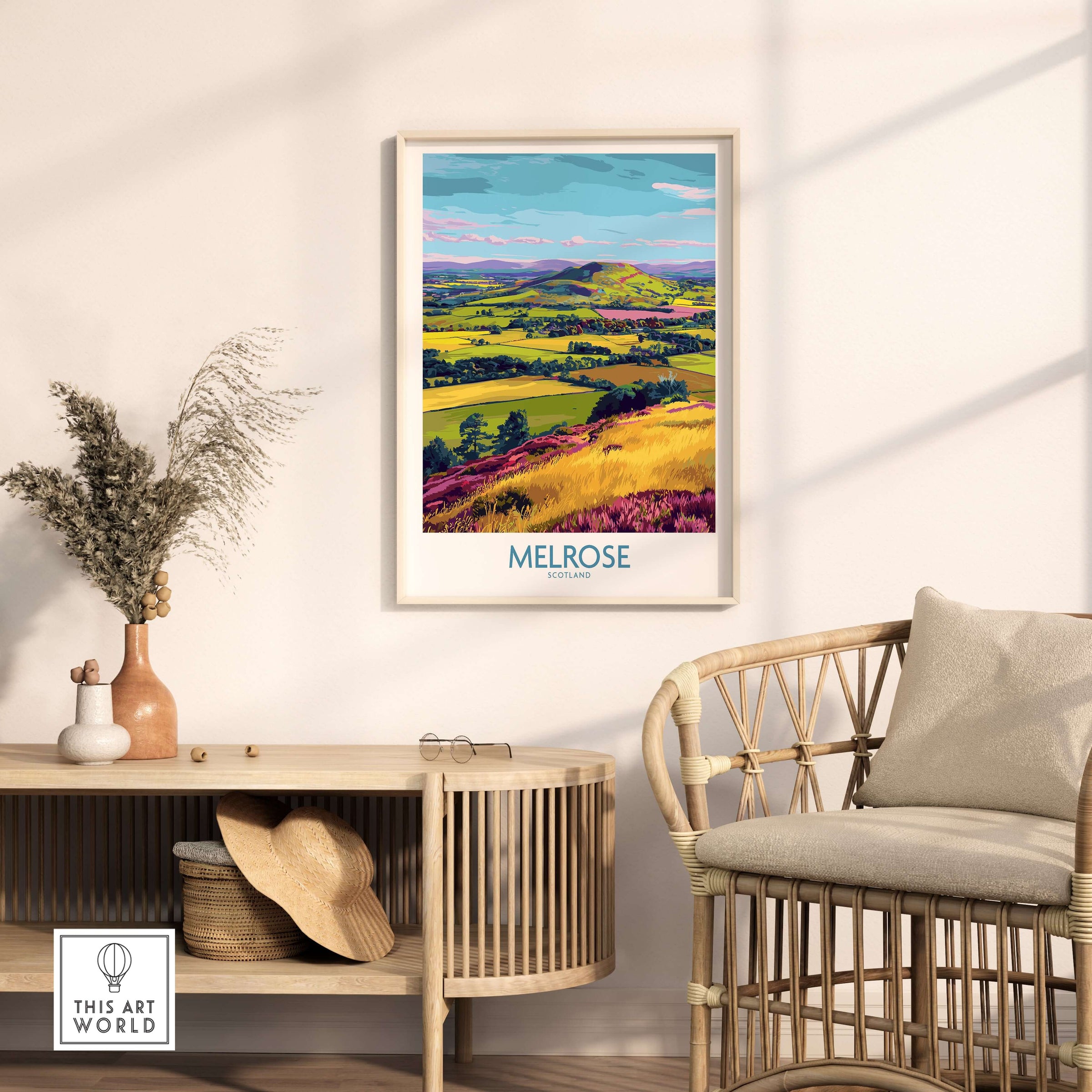 Melrose Scotland Eildon Hills Travel Print Scottish Borders Poster Landscape Wall Art displayed in a stylish interior setting.