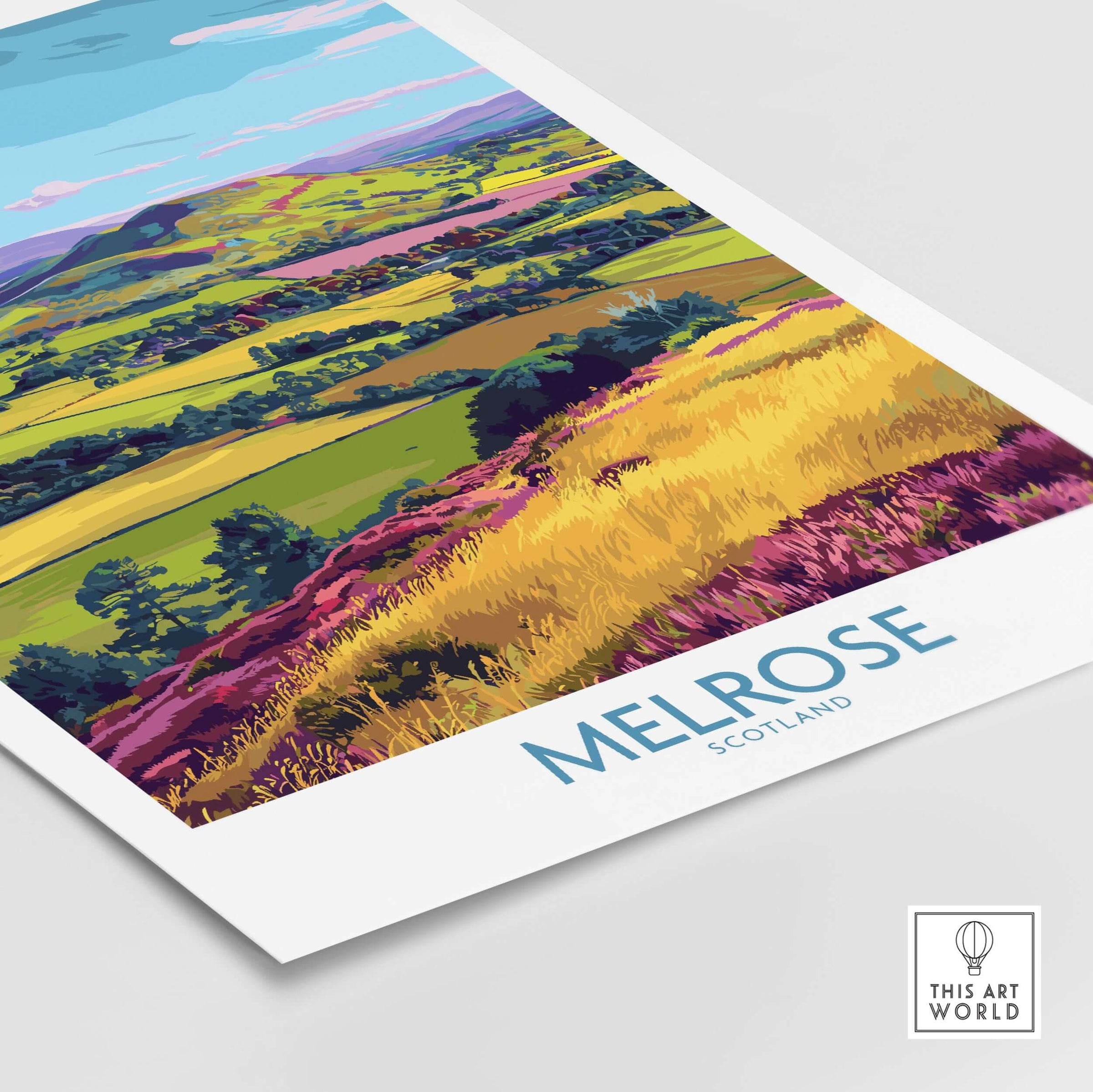 Melrose Scotland Eildon Hills Travel Print Scottish Borders Poster Landscape Wall Art with colorful fields and hills.