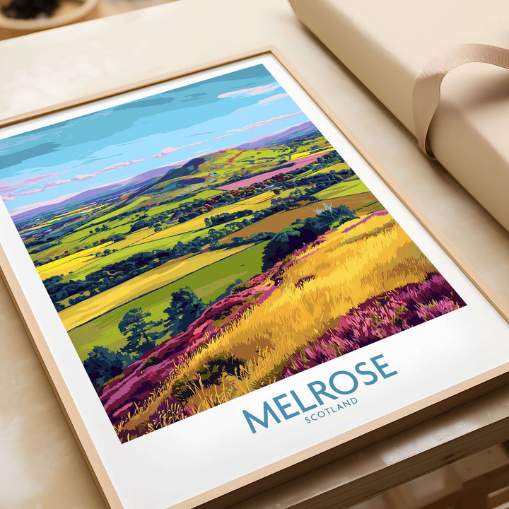 Colorful Melrose Scotland travel print featuring Eildon Hills and patchwork fields in vibrant landscape.