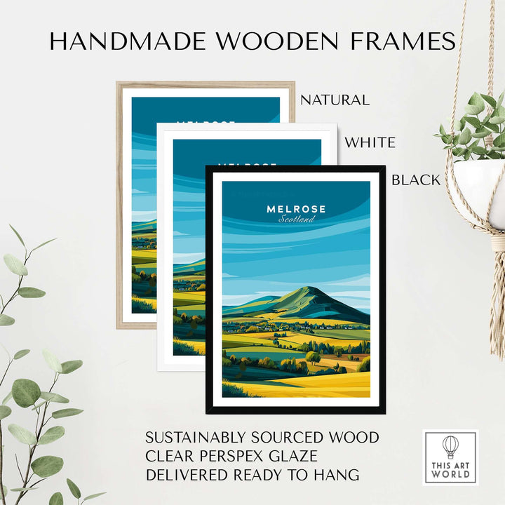 Stylish handmade wooden frames in natural, white, and black for Melrose Scotland travel poster decor.