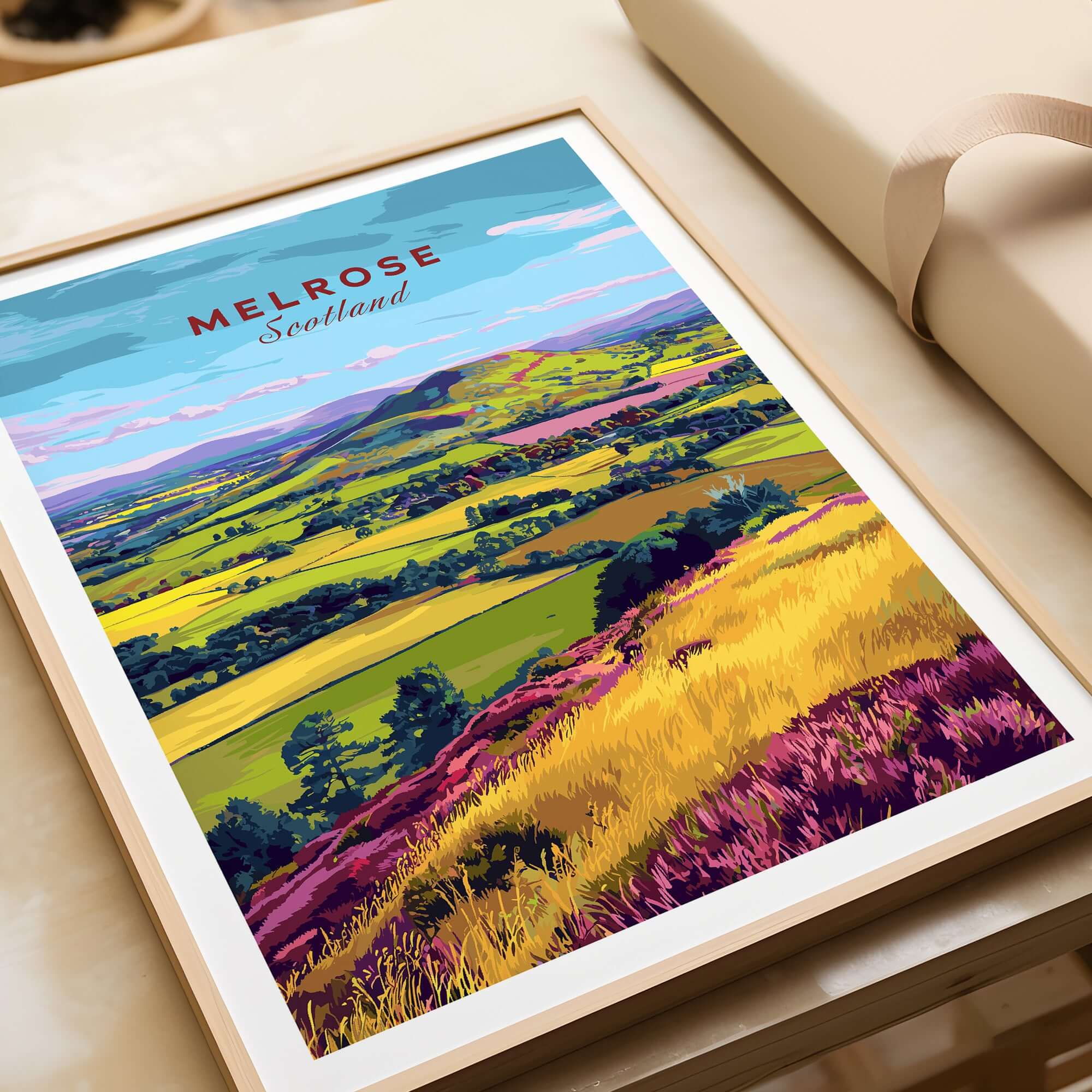 Scotland Eildon Hills Landscape Travel Print Scottish Borders Poster Wall Art framed on a table showcasing vibrant fields.