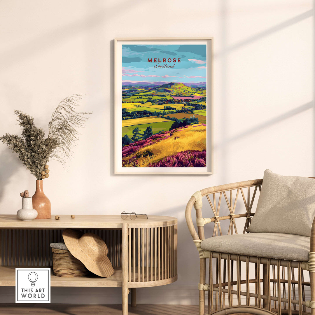 Melrose Scottish Borders landscape poster art showcasing vibrant hills and fields in a cozy interior setting.