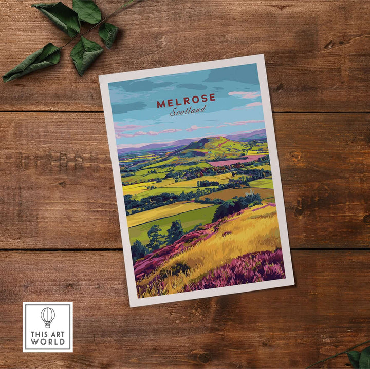 Melrose Scotland landscape travel print poster showcasing vibrant rolling hills and countryside scenery.