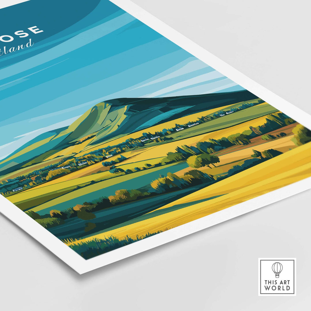 Melrose Scotland travel poster featuring Eildon Hills and vibrant fields under a blue sky